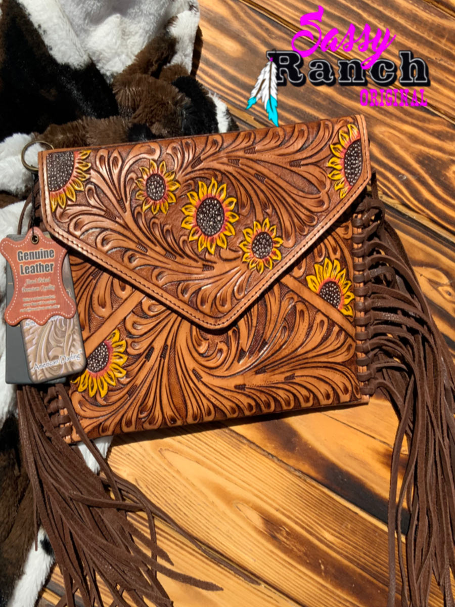 Cowhide leather tooled U-shape crossbody with fringe – Sassy Ranch