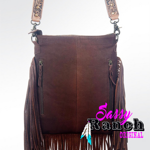 Cowhide fringe with blue specs crossbody