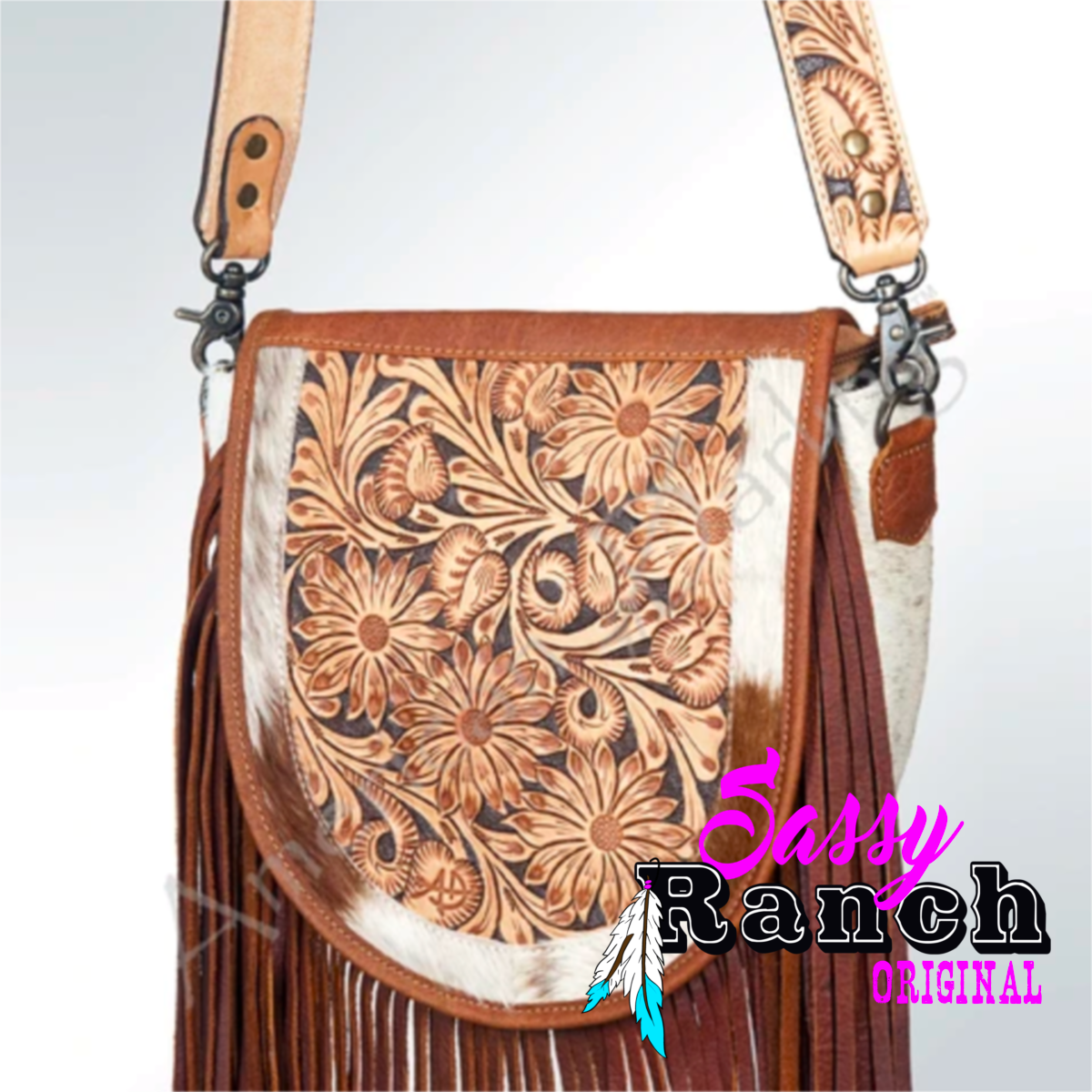 Cowhide Leather Crossbody Western Purse Bag With Fringes 
