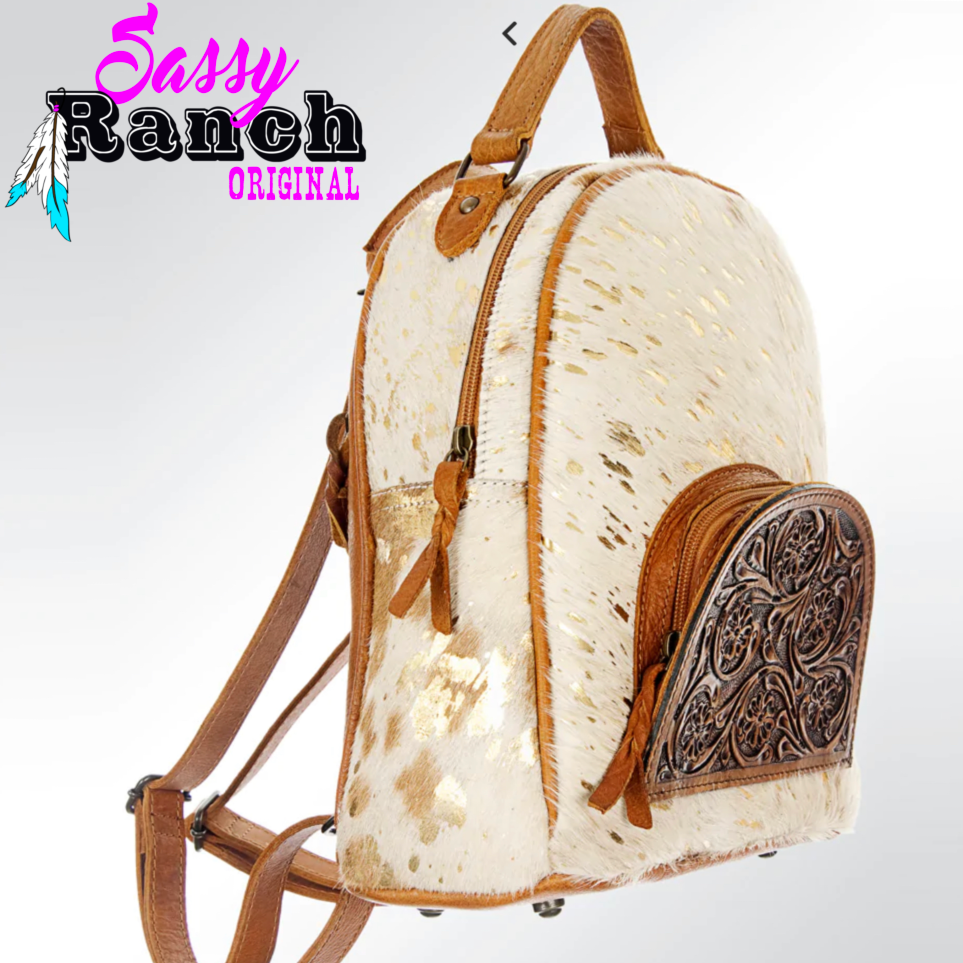 White and Brown Cowhide Backpack – Sassy Ranch Original