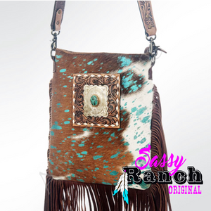 Cowhide fringe with blue specs crossbody